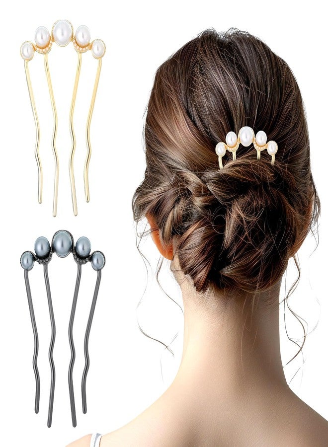 Ajcotahm 2 Pcs Pearl Hair Pins for Buns, Metal U Shaped Hair Fork Vintage French Twist Hair Side Combs for Women Girls Hair Styling Accessories for Wedding Party Holiday Daily - Image 1